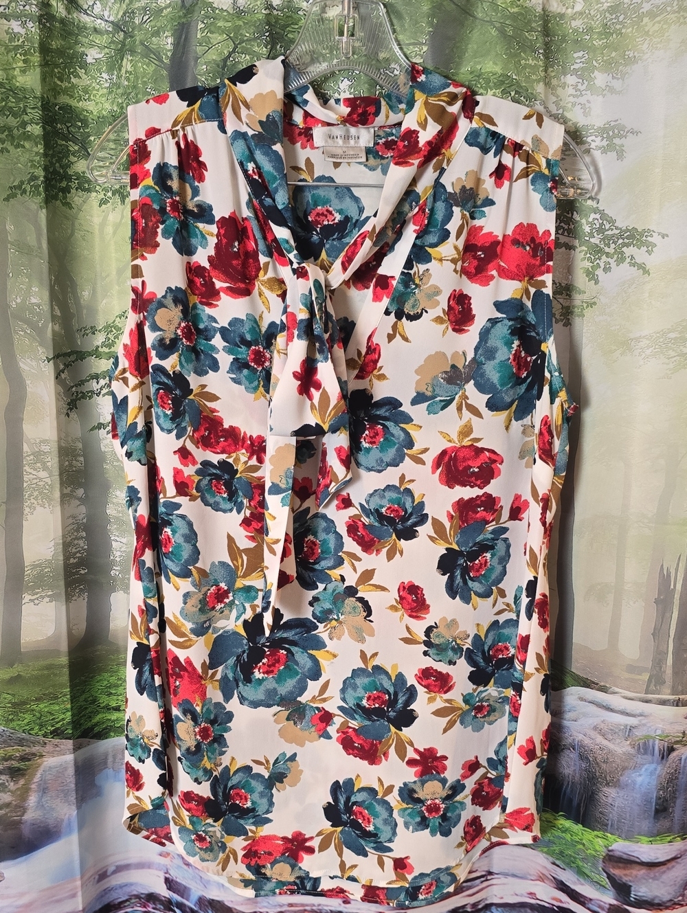 Van Heusen White Floral Tie-Neck Sleeveless Blouse